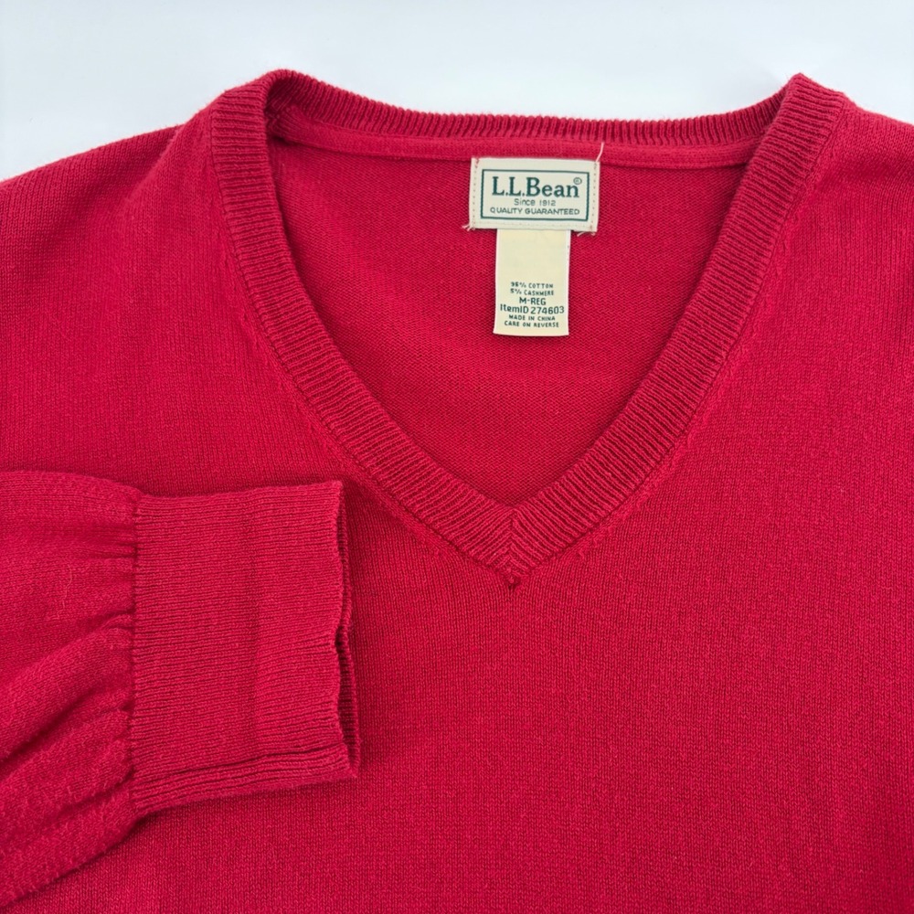 LL Bean Mens Medium Red Cotton Cashmere V-Neck Pullover Sweater 274603 M-REG‎